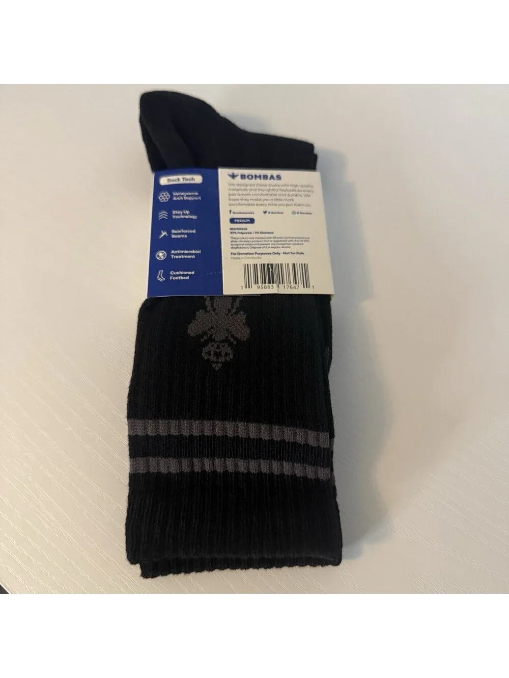 Bombas Crew Socks Size M Black Cushioned Honeycomb 3 Pair Pack NWT